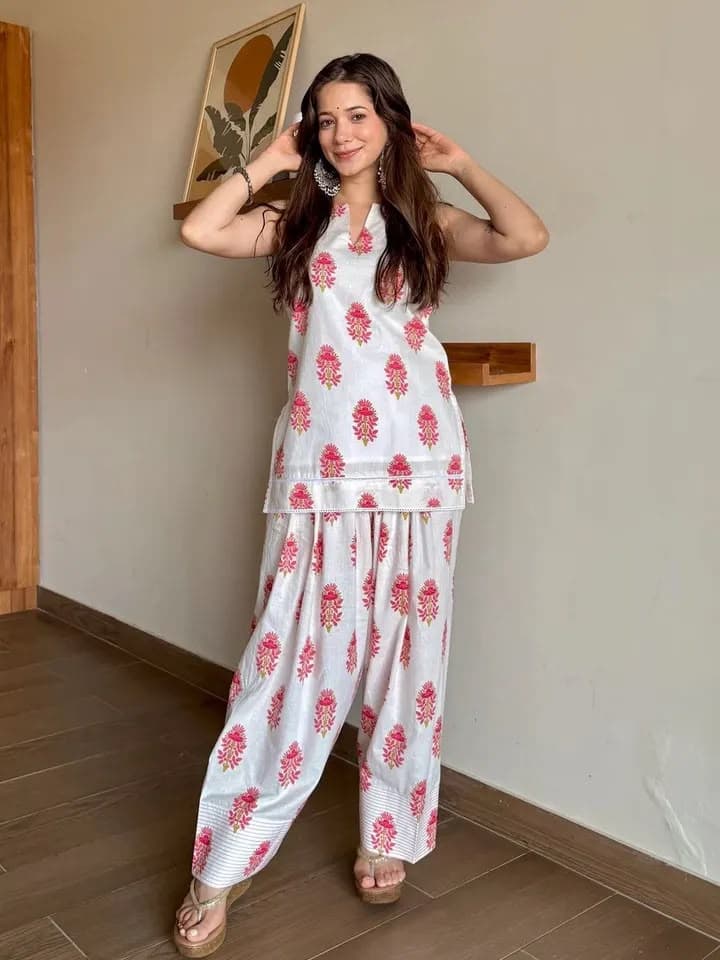Pink Floral Block Print Farsi-Salwar Suit