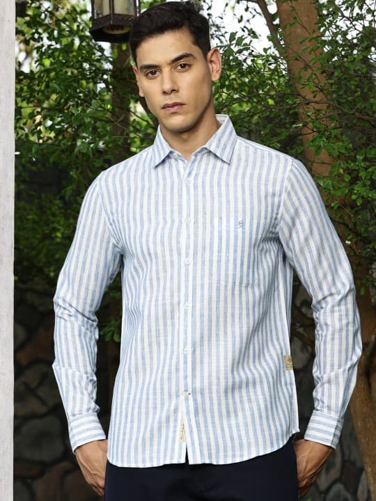 Premium Linen Slim Fit Striped Spread Collar Casual Shirt